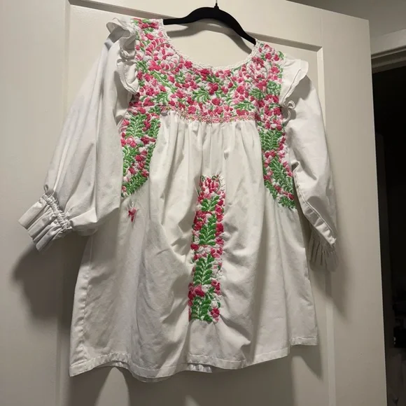 Mi Golondrina White Blouse with Pink and Green Embroidery - Picture 1 of 2